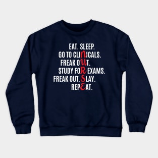 Funny Nurse Eat Sleep Go To Clinicals Freak Out  Study For Exams Freak Out Slay Repeat Crewneck Sweatshirt